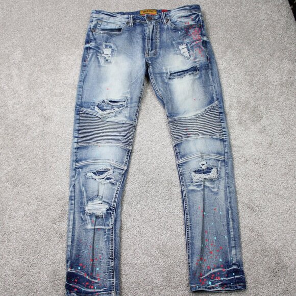 Makobi Cape Biker Jeans Mens 34x32 Blue w/ Paint Splash Distressed Moto Denim - Picture 1 of 16